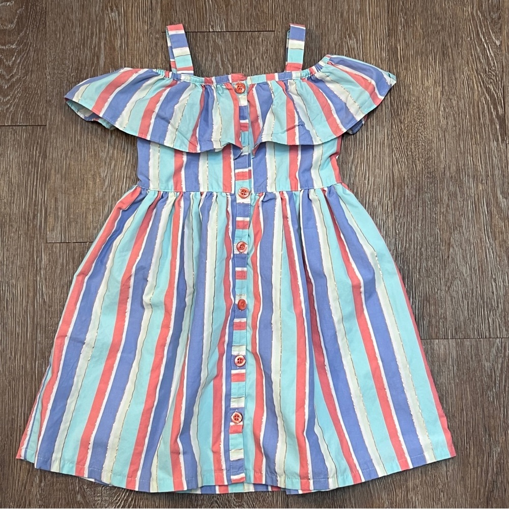 Penelope Mack Girls Striped Off Shoulder Dress Metallic Coral Blue | Size: 5